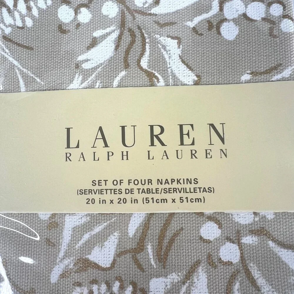 New Ralph Lauren Bowen Natural‎ Cloth Napkin Beige White Set Of 4 Holly Pinecone